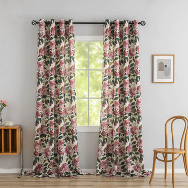 ALIGOGO Pink Floral Curtains 96 Inches Long Vintage Linen Curtains for Living Room Cottage Core Curtains Light Filtering Counrty Farmhouse Aesthetic Decor Grommet 2 Panels 50" W x 96" L Pink