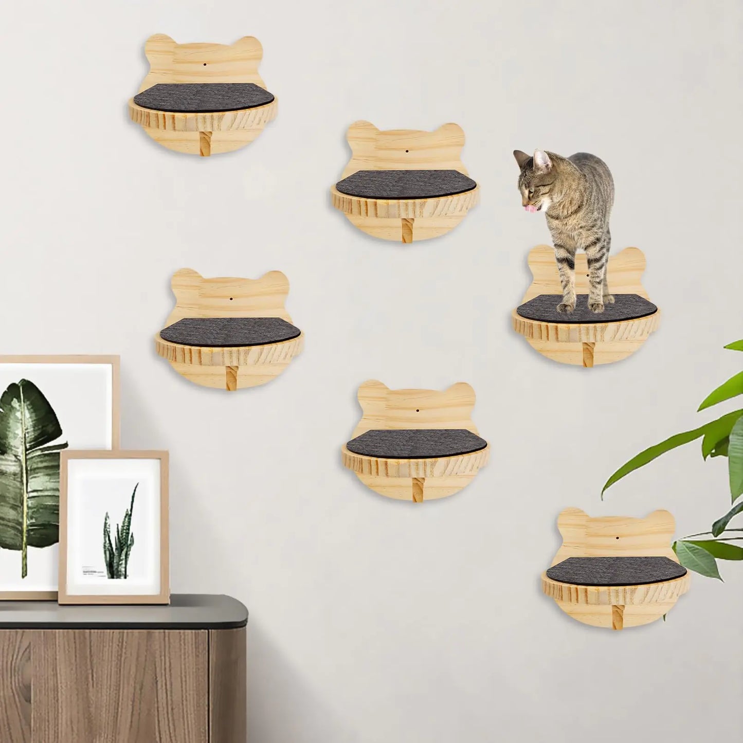 kathson 6 Pcs Cat Shelves for Wall Cat Wall Mounted Shelves Cat Wall Steps Wood Cat Climbing Shelves Cat Stairs with Non Slip Felt Cat Ladder Cat Wall Furniture for Springboard Playing (Bear Shape)