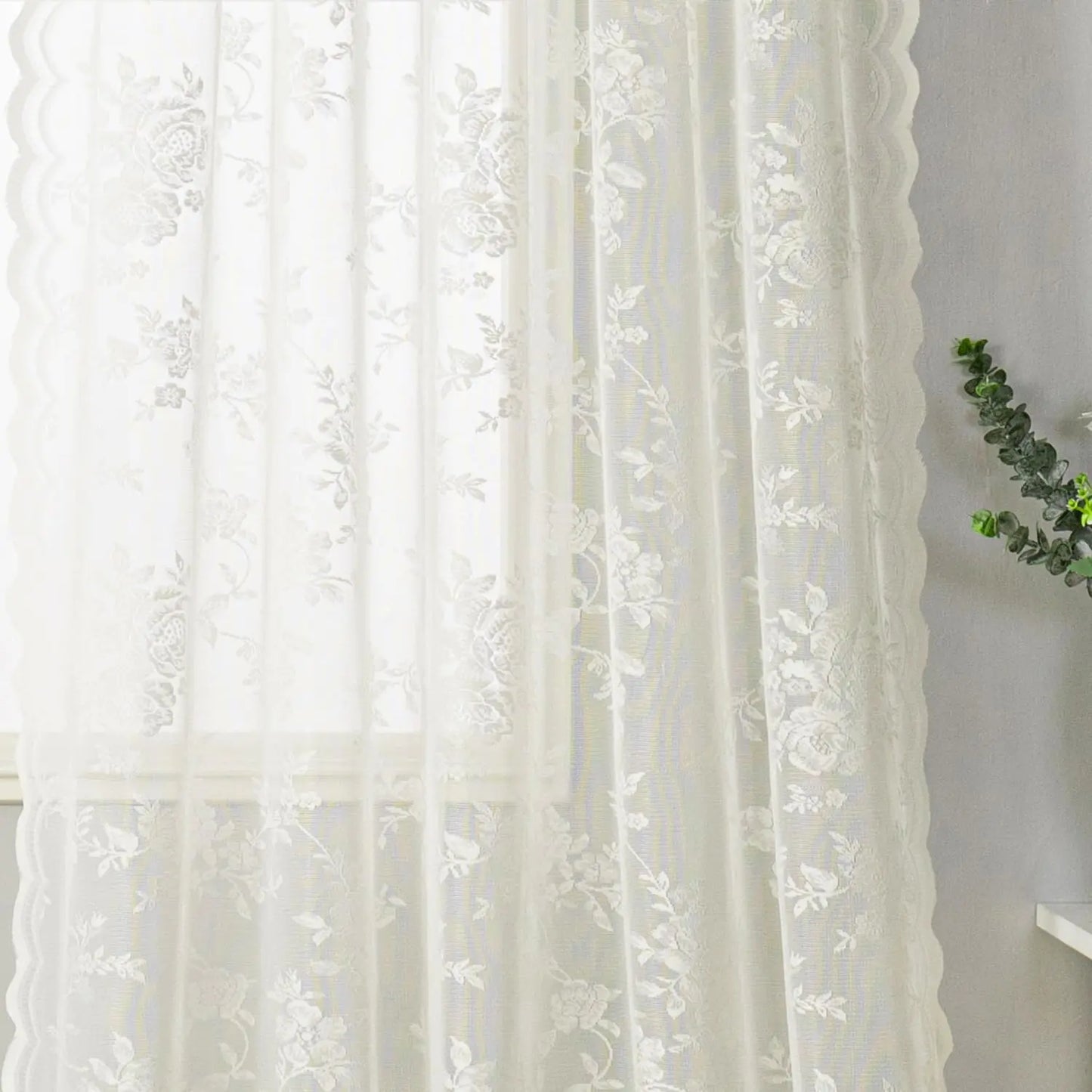 H.ebony Ivory Lace Curtains 96 Inches Long - Premium Country Floral Scalloped Lace Panel Curtains for Living Room Antique Beige Floral Sheer Lace Curtains for Windows 52 x 96 Inch 2 Panels
