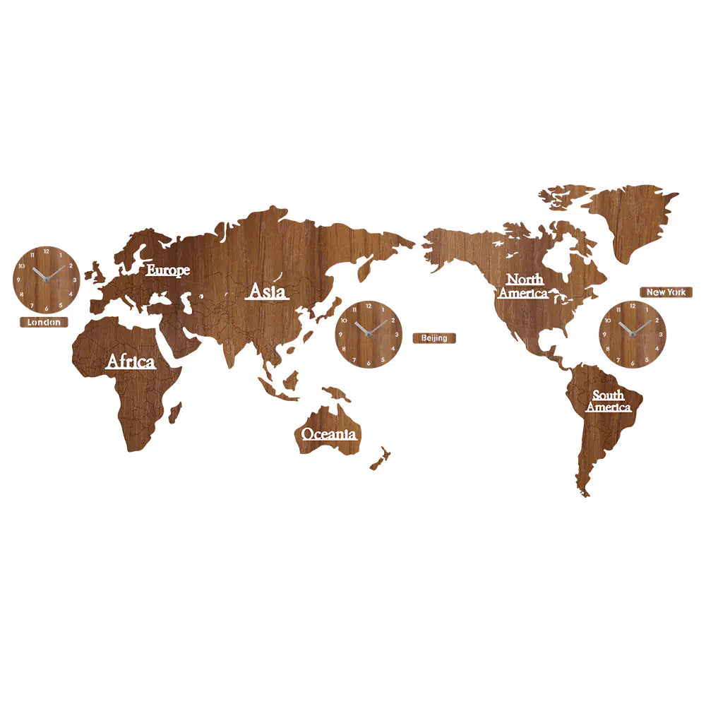 European Wooden Creative Wall Clock with 3D World Map
