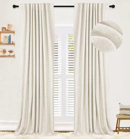 100% Blackout Shield Linen Blackout Curtains 120 inches LongBack Tab/Rod Pocket Thermal Insulated Blackout Curtains for Bedroom/Living RoomEnergy Efficient Drapes52" W x 120" LLight Cream