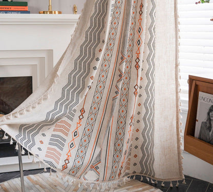 Boho Cream Cotton And Linen Print Sun Shade Non-punched Curtain Fabric