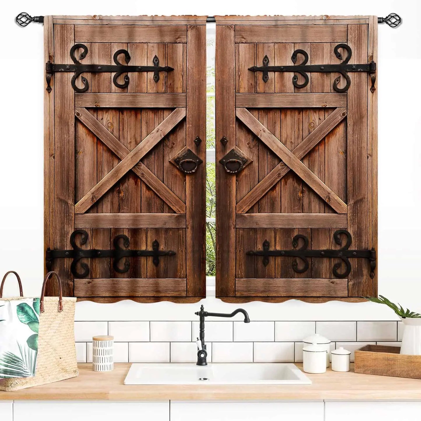 TKUYO Wooden Barn Door Curtains Rustic Brown Wood Board Farmhouse Country Cottage Western Barnwood Garage Gate Drapes Window Curtains for Living Room Bedroom Kitchen 2 Panels 55x39 Inch