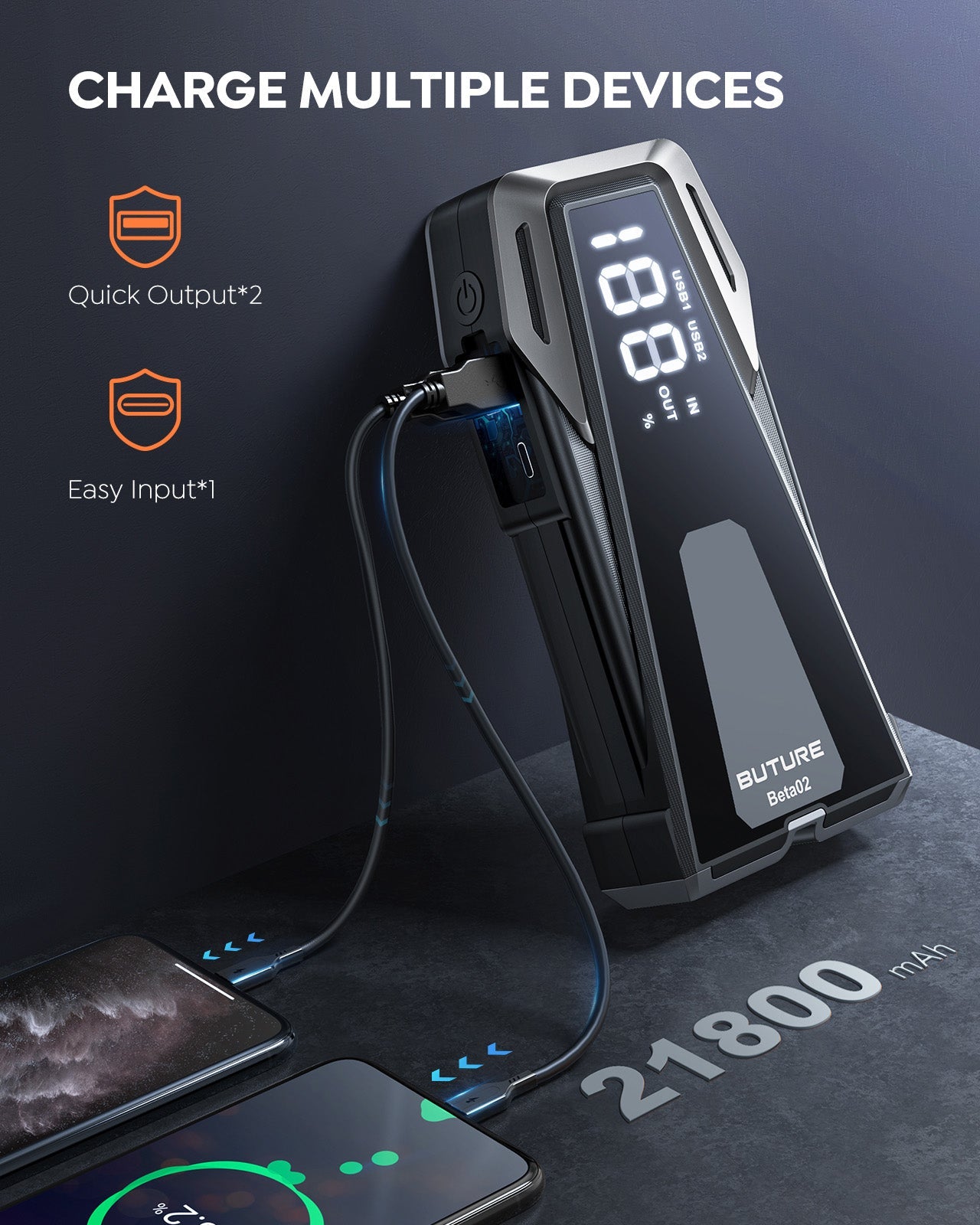 Buture Beta02 Car Jump Starter 2500A Peak丨21800mAh Power Bank, Lightweight Design