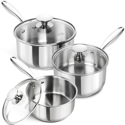 MICHELANGELO Stainless Steel Sauce Pan Set - 1 2 3 Qt Saucepans with Lids Small Stainless Steel Pots for Cooking Induction Compatible Dishwasher & Oven Safe