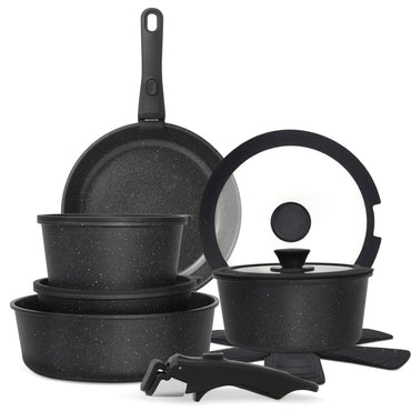 Cuisinluv 15PCS Pots and Pans Set Non Stick Kitchen Cookware Sets with Detachable Handle Ceramic Cookware Sets Non Stick RV Cookware Cooking Set Dishwasher ＆ Oven Safe PFOA Free Black