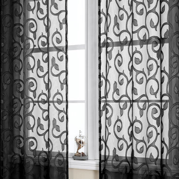 OWENIE Furman Black Sheer Curtains 54 Inch Length 2 Panels Set for Living Room Bedroom Bathroom Short Curtains for Small Window Airy Jacquard Clip Curtains with Pattern Each 42Wx54L inch