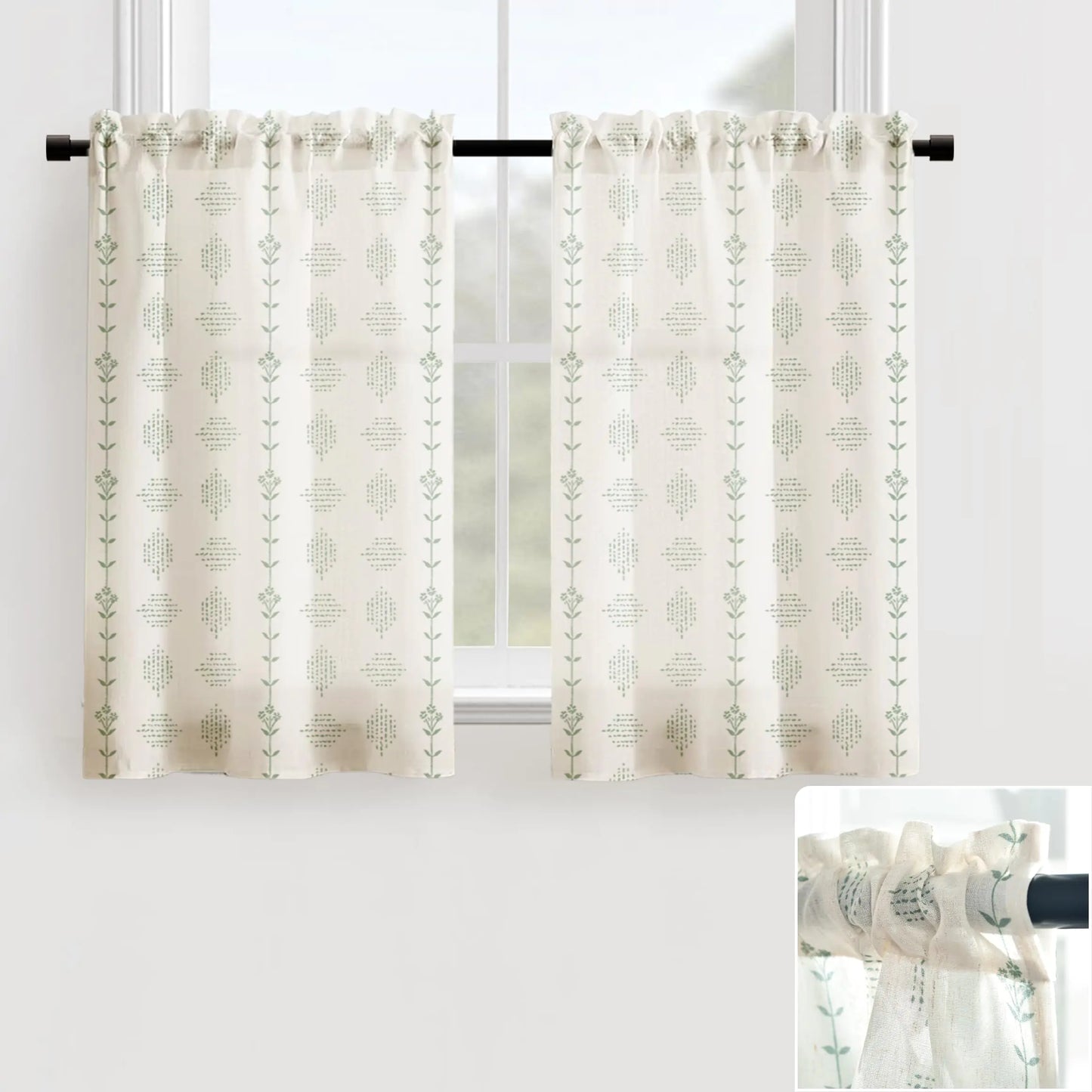 Lino Rosa Cabinet Curtains for Under Kitchen SinkNatural Green Pattern Vine Botanical Curtains for Bathroom