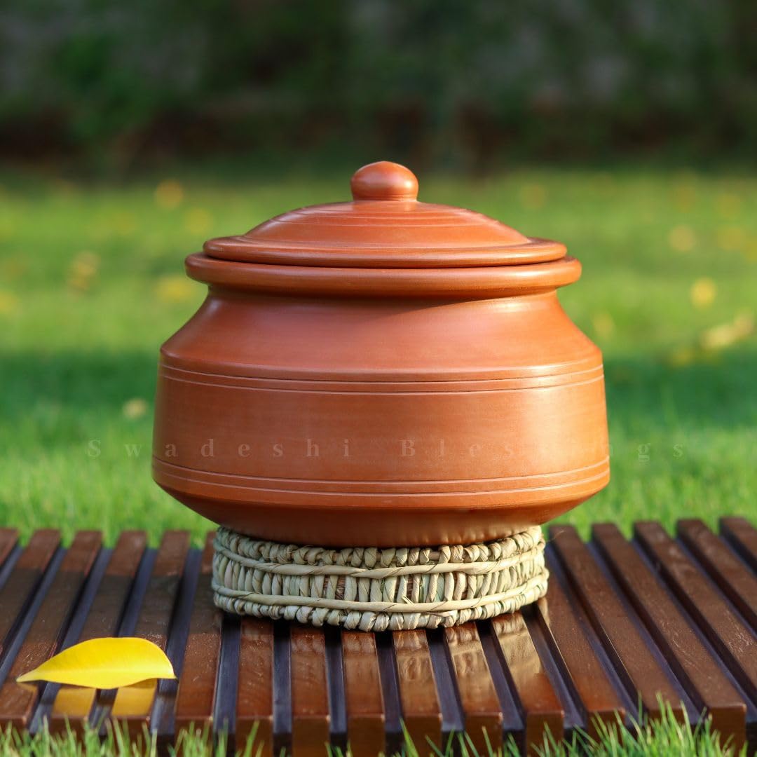 Swadeshi Blessings Unglazed Clay Pot for Cooking with Lid/Clay Cooking Pot/Earthen Pot/Clay Handi/Earthen Kadai/Curry Biryani Pots & FREE ASH For Cleaning (3 Liters)