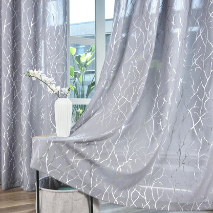 Kotile Silver Curtains 84 Inches Long for Living Room Metallic Silver Shimmer Tree Branch Window Treatment Curtains Grommet Privacy Semi Sheer Curtains 52 x 84 Inch 2 Panels Silver