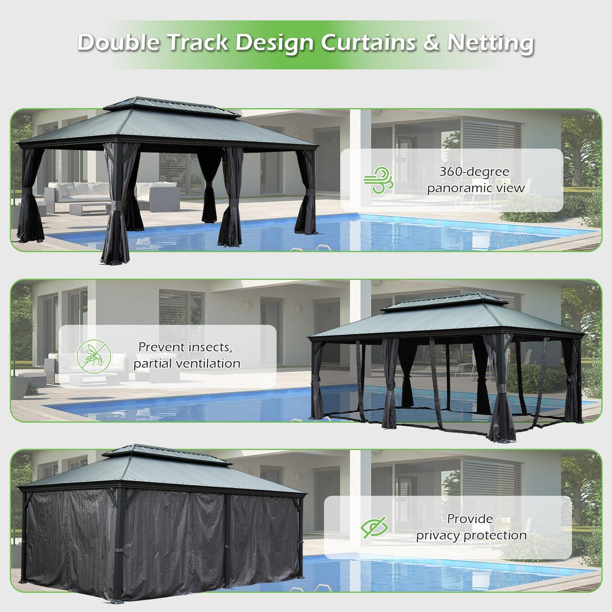 12'x18' Hardtop Gazebo with Resin Roof, Curtains, and Mosquito Netting
