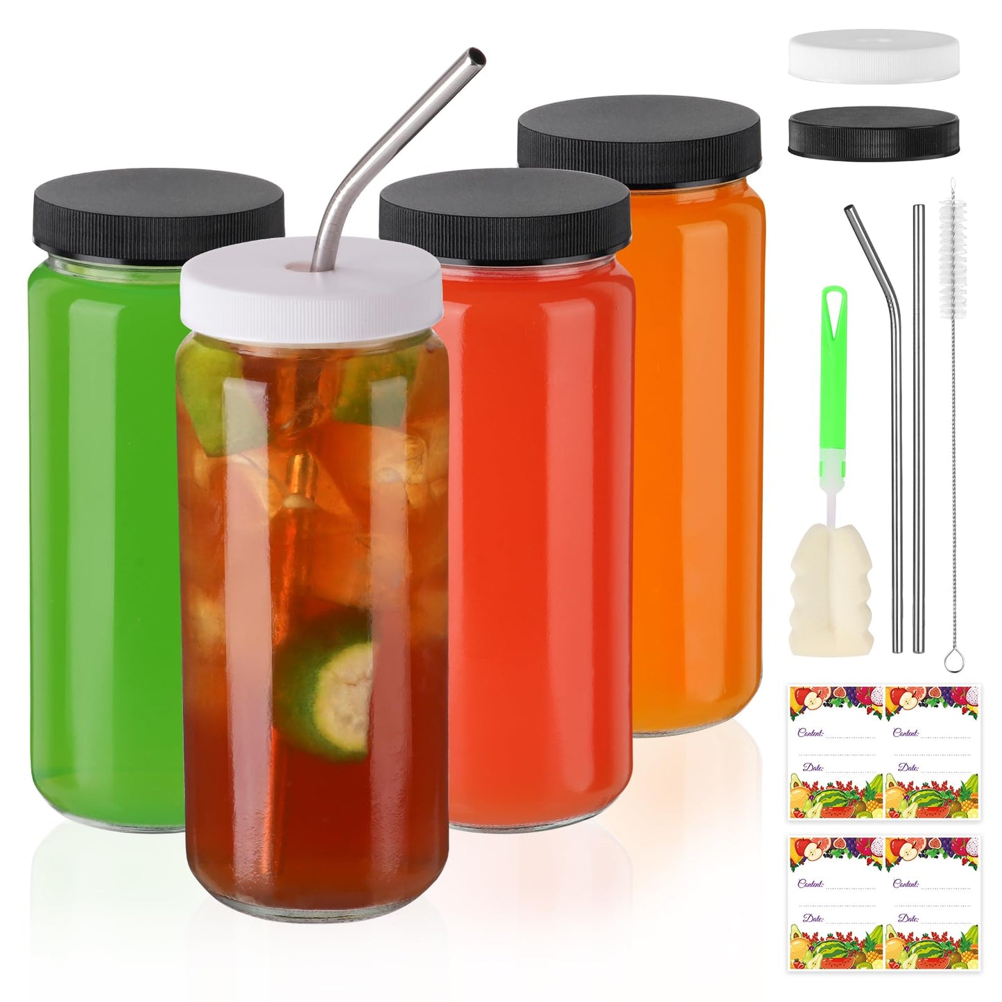 AuroTrends 16 oz Glass Bottles with Lids 4Pack 480ml Juicing Bottles Reusable Glass- Portable Glass Juice Bottles with Lids for Juicing Smoothies Kombucha (16fl.oz Set of 4)