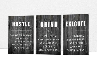 Office Wall Art - 3 Panel Motivational Wall Art Inspirational Quotes Canvas Art for Home Office Wall Decor Positive Quotes Wall Decor Entrepreneur Grind Hustle Execution Poster Frame (12”x18”x3Pcs)