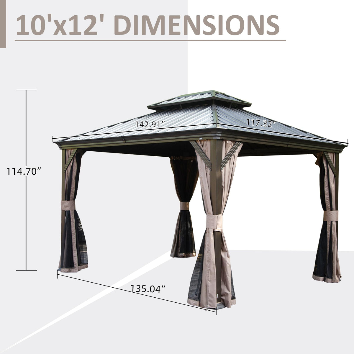 10' x 12' Hardtop Gazebo with Galvanized Steel Double Roof, Curtains, and Netting