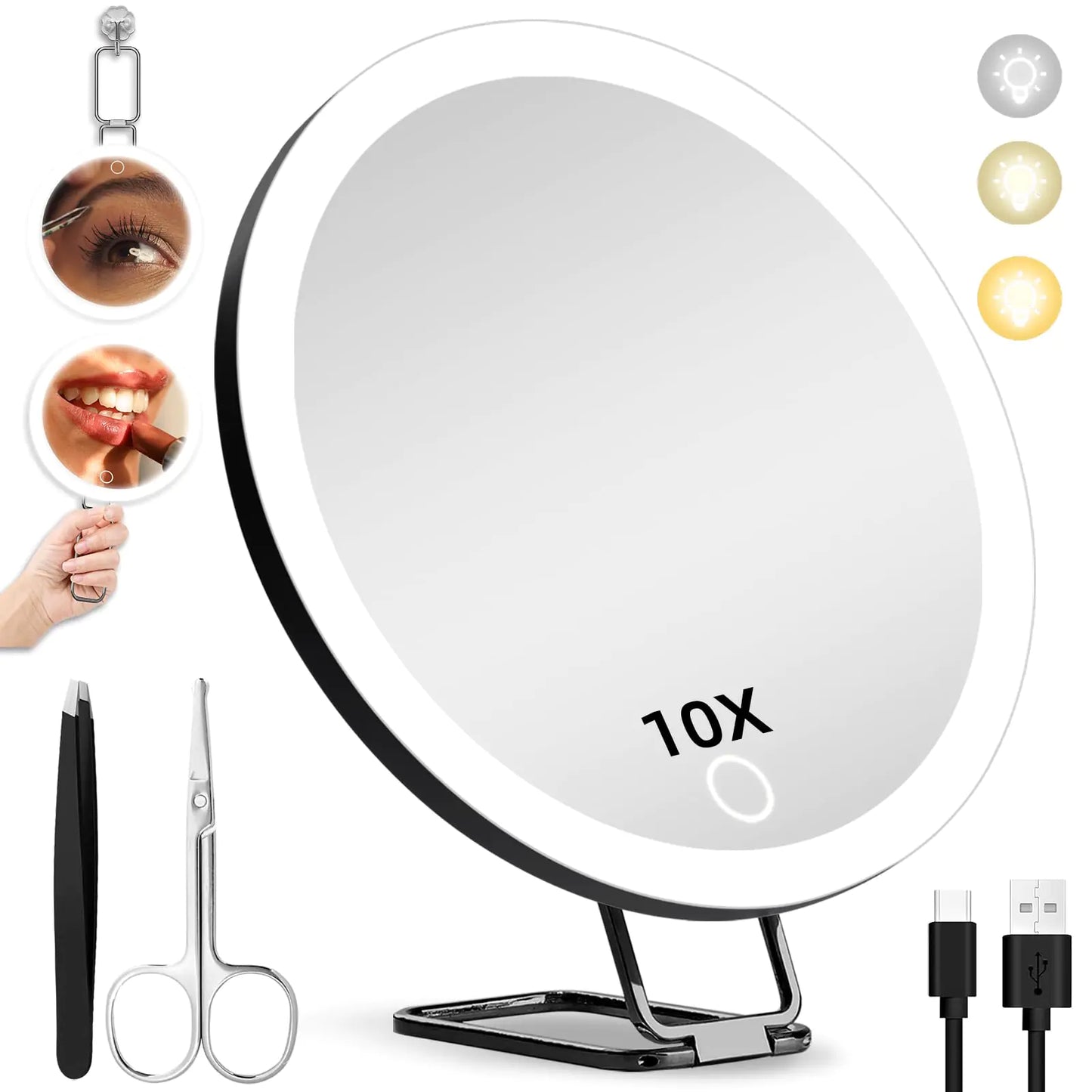 10X Magnifying Mirror with Light 10x Magnifying Makeup Mirror Lighted Makeup Magnification Mirror with 360° Adjustable Stand & Suction Cup Portable Travel Magnifying Mirror 6inch Magnifying Mirror