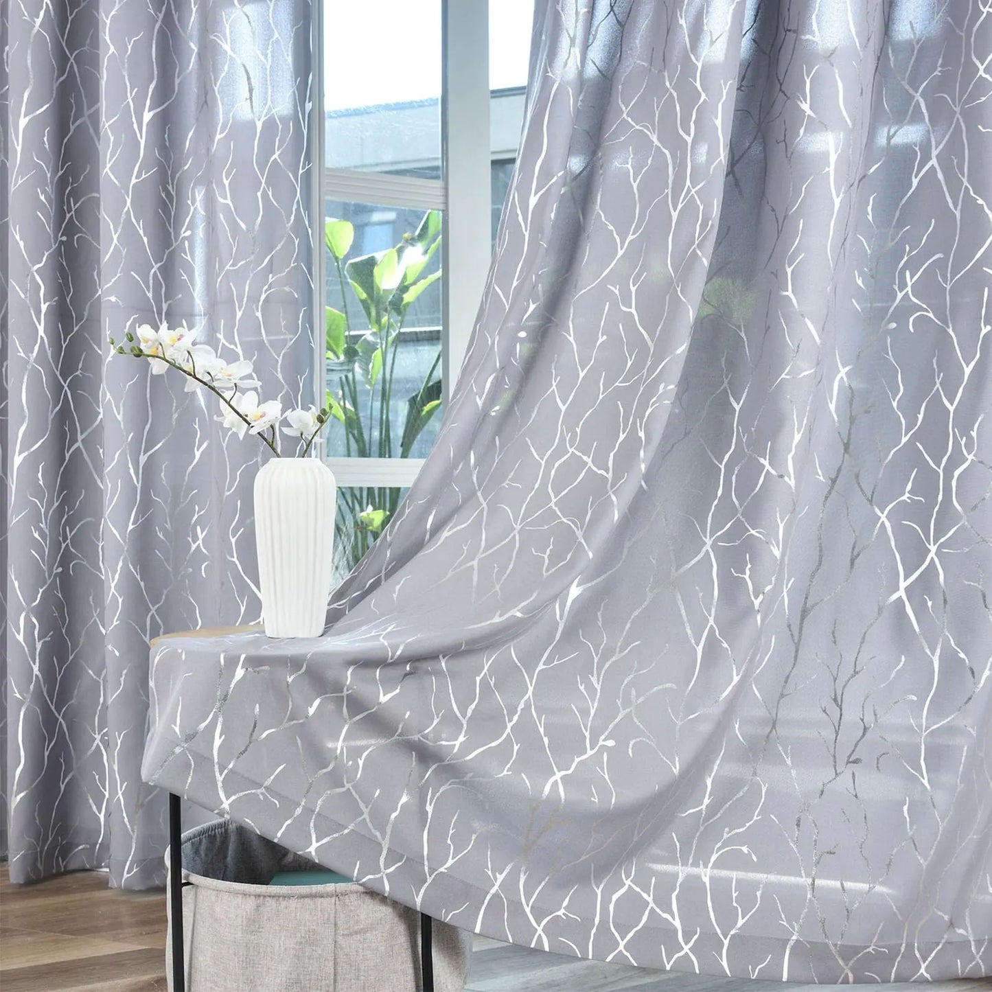 Kotile Silver Curtains 84 Inches Long for Living Room Metallic Silver Shimmer Tree Branch Window Treatment Curtains Grommet Privacy Semi Sheer Curtains 52 x 84 Inch 2 Panels Silver