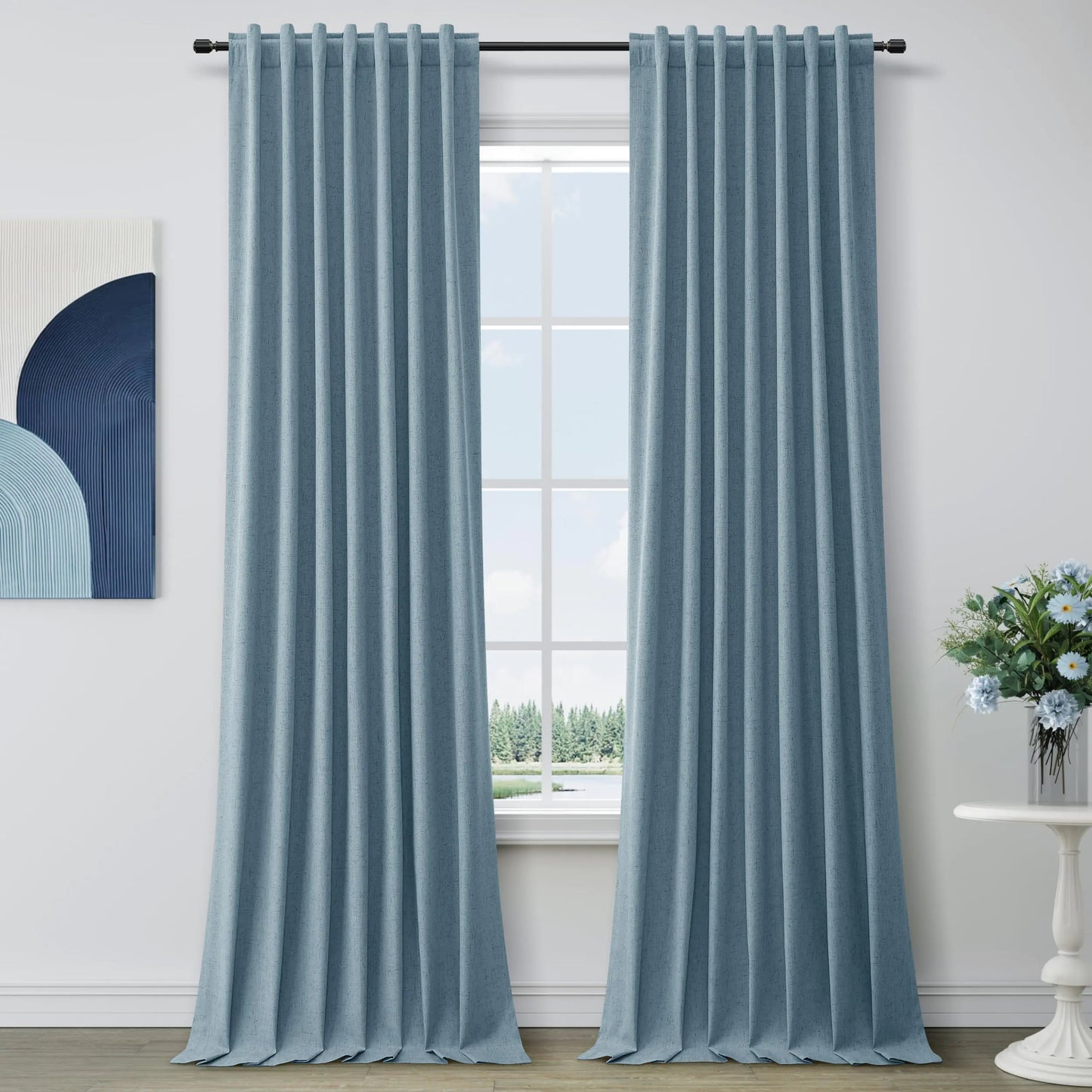 Black Out Curtains 102 Inch Long 2 Panel Sets Dusty Blue Linen Window Drapes for Bedroom Living Room Nursery Sliding Door Back Tab Thermal Curtains Room Darkening Boho Farmhouse Elegant Curtains