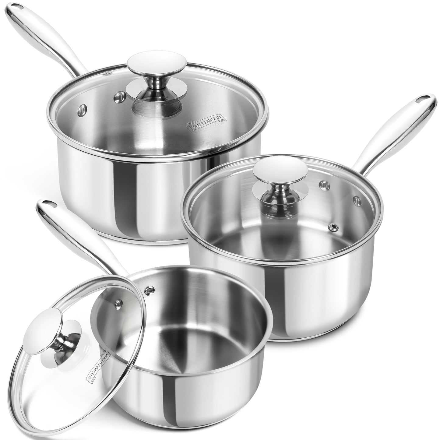 MICHELANGELO Stainless Steel Sauce Pan Set - 1 2 3 Qt Saucepans with Lids Small Stainless Steel Pots for Cooking Induction Compatible Dishwasher & Oven Safe