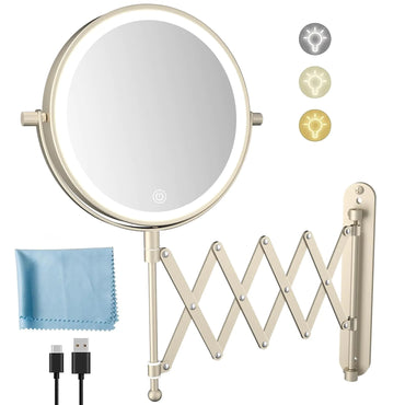 Rechargeable Wall Mounted Makeup Mirror - 8 Inch Double Sided 1X/10X Magnifying Mirror with 3 Color Lights Dimmable Touch Screen 360°Swivel 19.6 Inch Extendable Accordion Bathroom Mirror - Nickel