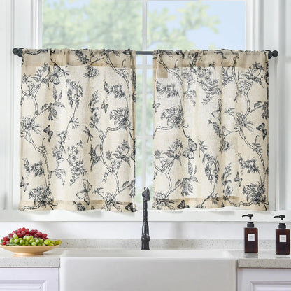 Lazzzy Black Floral Kitchen Curtains 36 Inch Length Linen Farmhouse Kitchen Window Curtains Over Sink Rustic Country Small Curtains Rod Pocket Tier Curtains Set of 2 Black on Beige