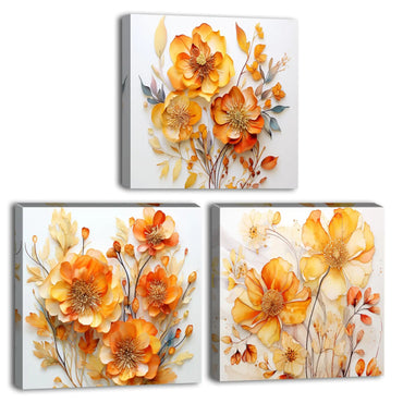 Orange Poppy Floral Wall Art Wildflower Canvas Prints Pictures Abstract Nature Autumn Flowers Painting Minimalist Modern Artwork for Living Room Bathroom Office Home Decorations 16x16" 3Pcs