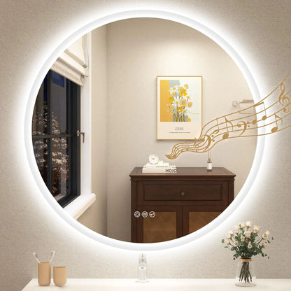 STARLEAD 32" LED-Bathroom-Mirror-with-Lights Wall-Mounted with Bluetooth Speaker Anti-Fog 3 Color Temperature Dimmable Brightness Waterproof Tempered Glass Frontlit & Backlit Round