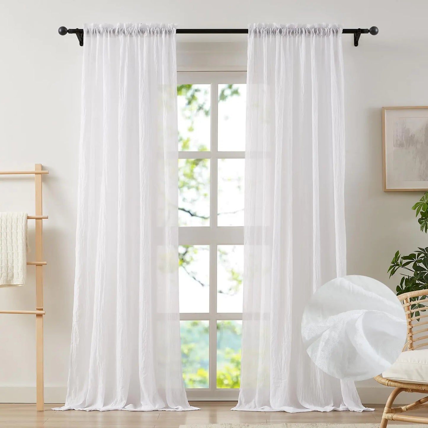 Anpark Elegant White Sheer Curtains for Living Room Patio Door Cotton Linen Crinkle Textured Light Filtering Crepe Sheer Drapes Natural Voile Curtains Rod Pocket W52 x L108 inch 2 Panels