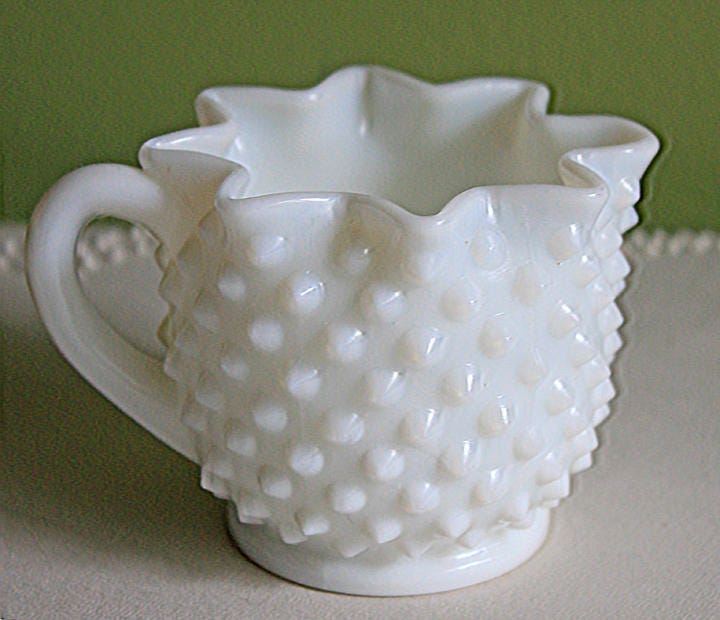 Vintage Milk Glass Creamer, Hobnail Scalloped Sauce Dish