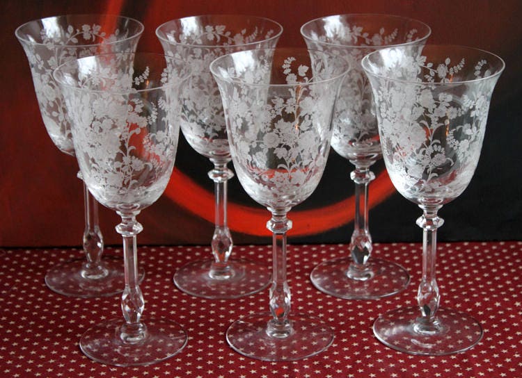 Antique Tall Sherbet Crystal Glasses by Fostoria. Etched Midnight Rose Pattern. Set of Six, 4 oz, Glassware. Replacements. Fine Dining.