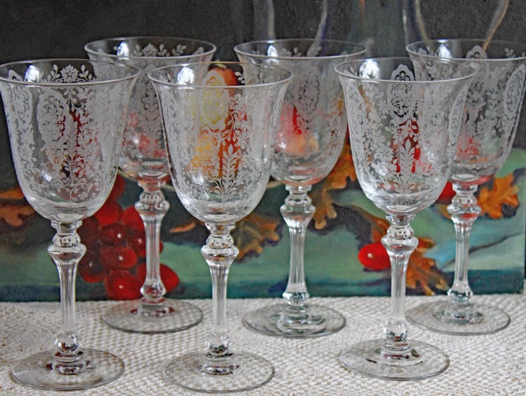 Tiffin-Franciscan Wine Goblets. Etched June Night Pattern. Collectible Stemware. Set of 6. Modern Farmhouse. French Country. House Beautiful