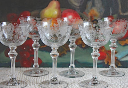 Tiffin-Franciscan Wine Goblets. Etched June Night Pattern. Collectible Stemware. Set of 6. Modern Farmhouse. French Country. House Beautiful