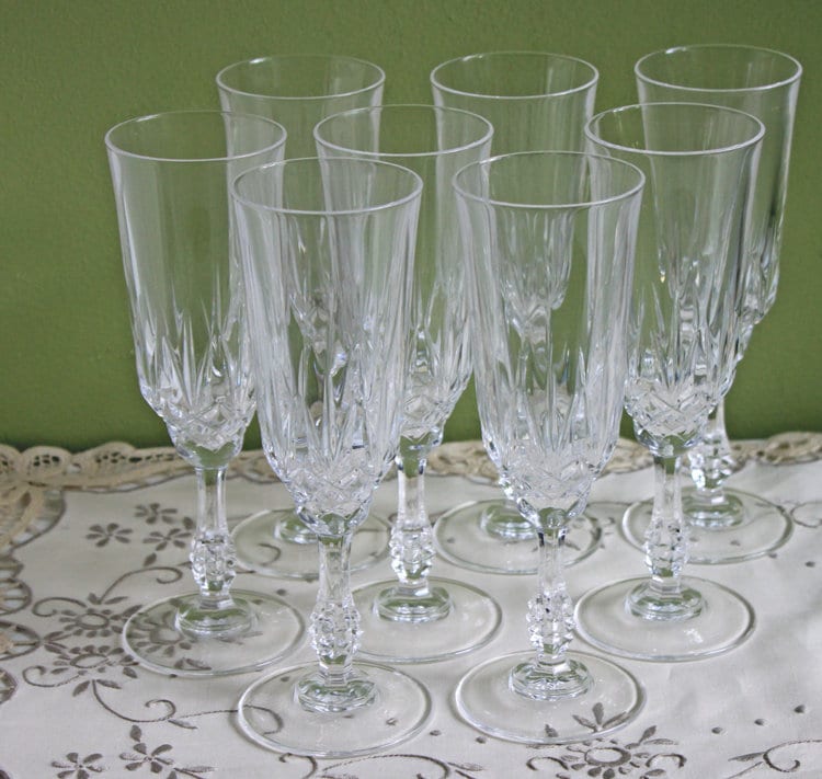 Vintage Crystal Stemware Glasses - Set of 8, Ornate Stem Barware