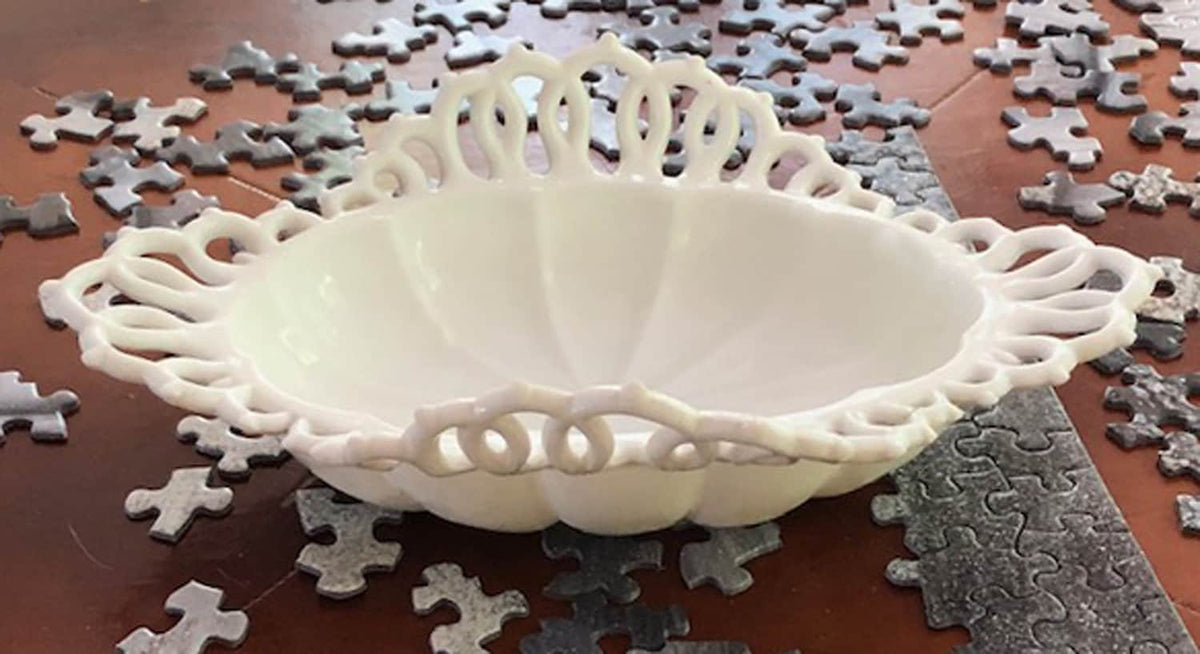 Milk Glass Tear Drop Small Serving Dishes with Fluting & Lacy Brim. Set of 2 White Serving Dishes. Kitchen, Bath Decor. Condiment, Soap Dish