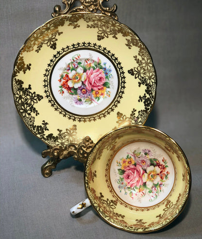 Vintage Grosvenor Tea Cup Set, Yellow Floral English Bone China