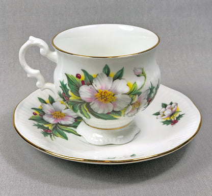 Vintage Tuscan Teacup and Saucer in Black, White and Gold Floral Pattern