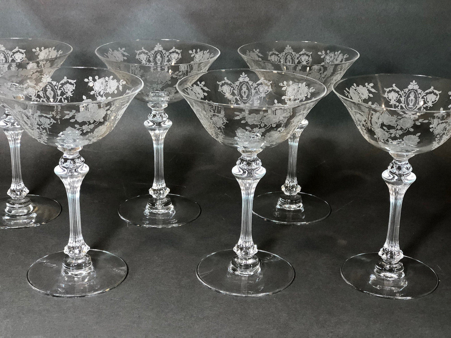 Fostoria Low Sherbet Glasses.  Etched Meadow Rose Motif.  Set of Ten Vintage Wine or Dessert Glasses.