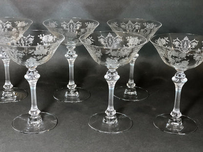 Fostoria Low Sherbet Glasses.  Etched Meadow Rose Motif.  Set of Ten Vintage Wine or Dessert Glasses.