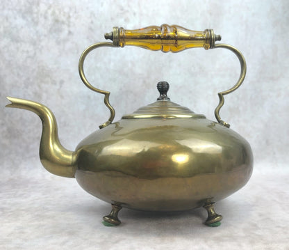 Antique Brass Kettle with Yellow Glass Handle, Footed Teapot, Home Decor