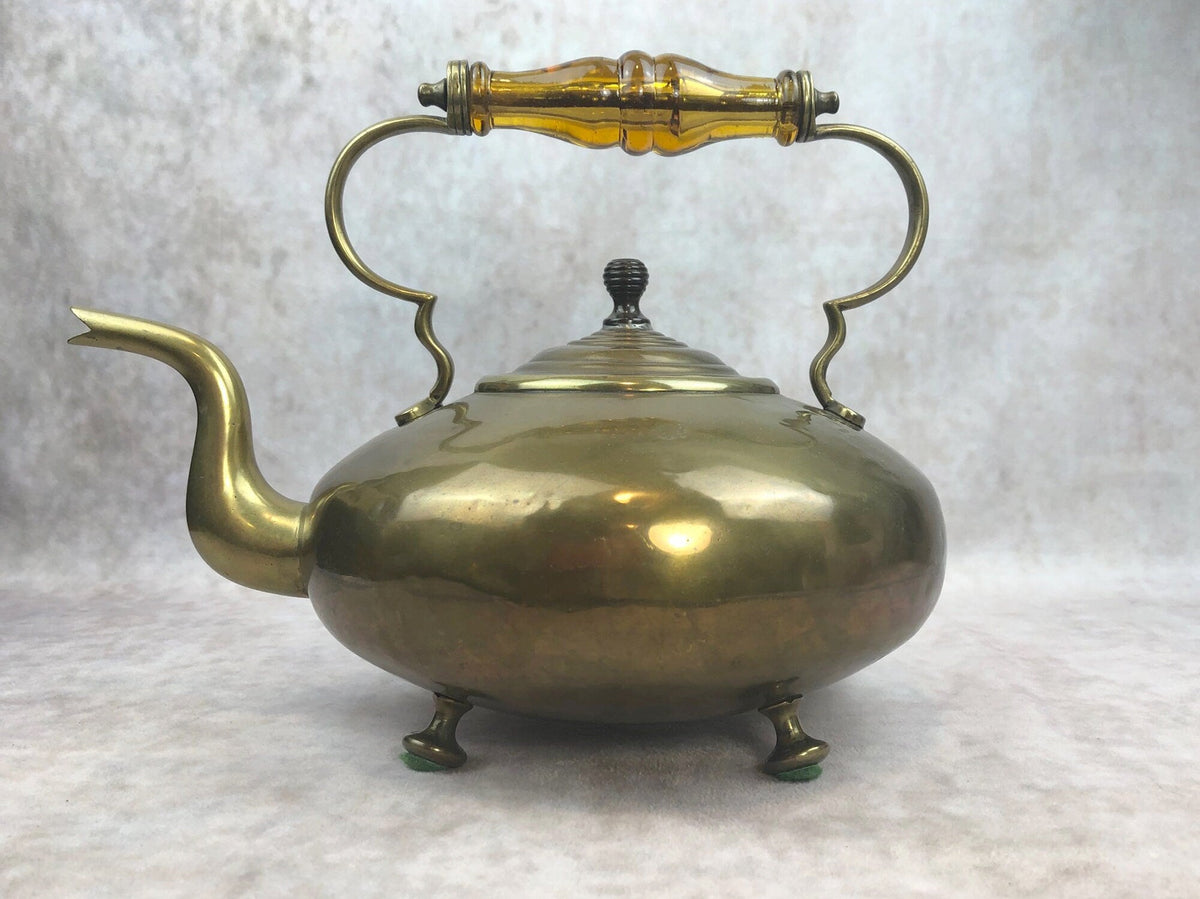 Antique Brass Kettle with Yellow Glass Handle, Footed Teapot, Home Decor