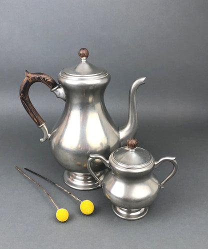Vintage Royal Holland Pewter Tea & Sugar Set: Wooden Handle KMD Tiel