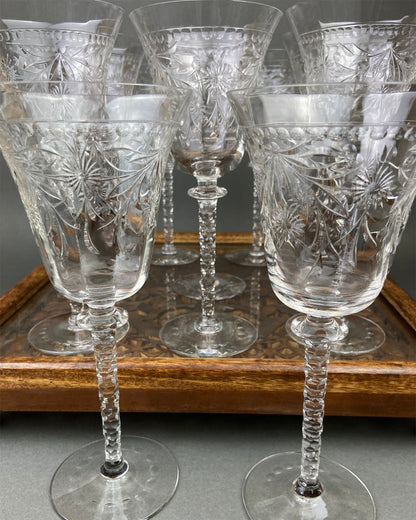 Vintage Cut Crystal Wine Goblets, Daisy Garland Motif, Set of Ten