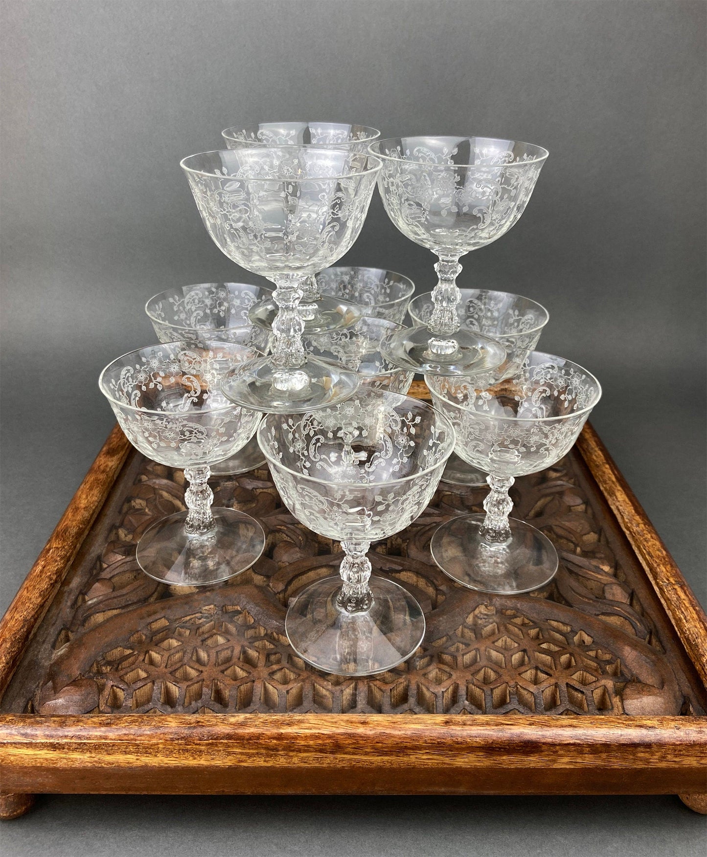 Fostoria Low Sherbet Glasses.  Etched Meadow Rose Motif.  Set of Ten Vintage Wine or Dessert Glasses.