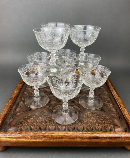 Fostoria Low Sherbet Glasses.  Etched Meadow Rose Motif.  Set of Ten Vintage Wine or Dessert Glasses.