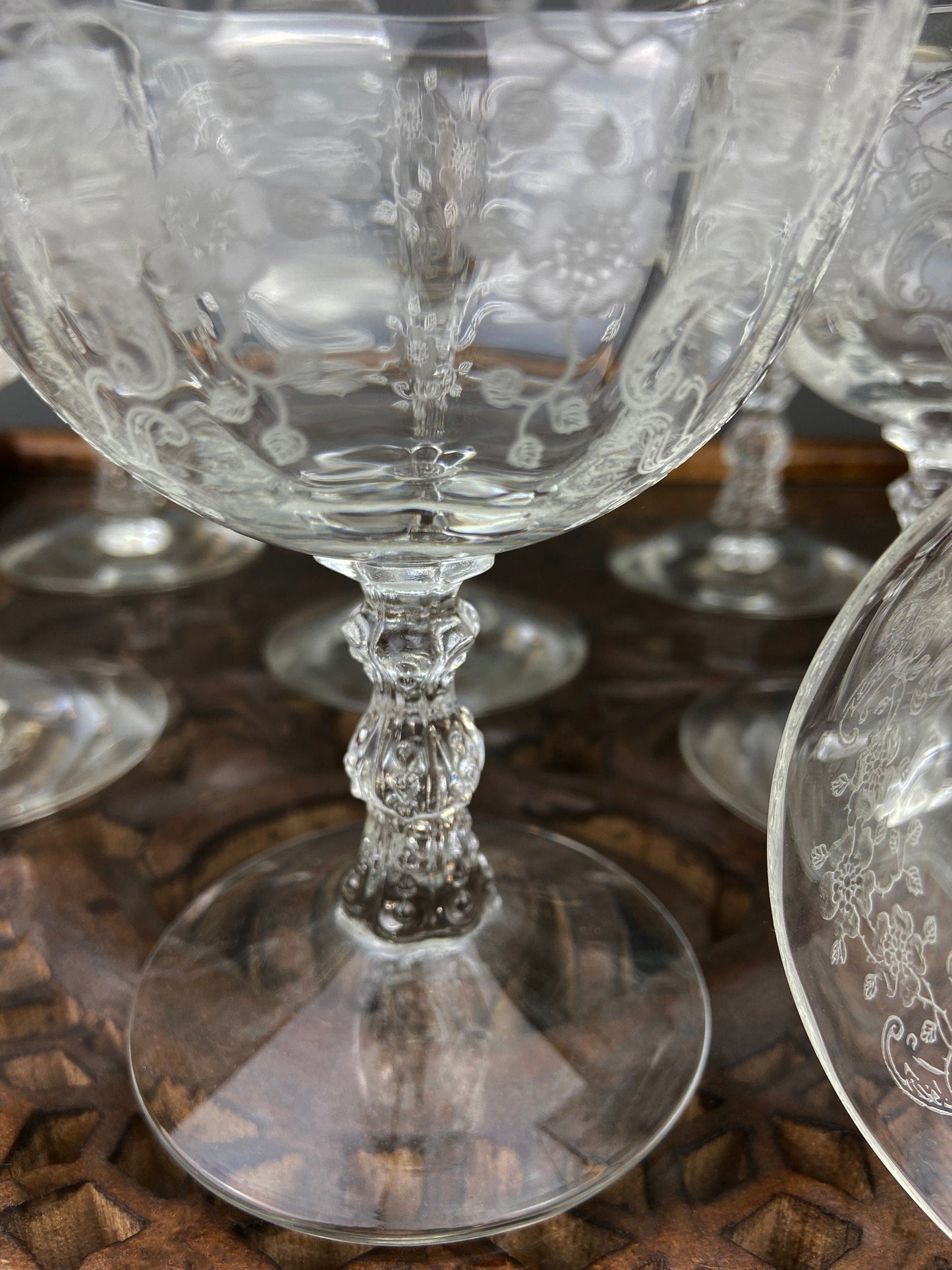 Fostoria Low Sherbet Glasses.  Etched Meadow Rose Motif.  Set of Ten Vintage Wine or Dessert Glasses.