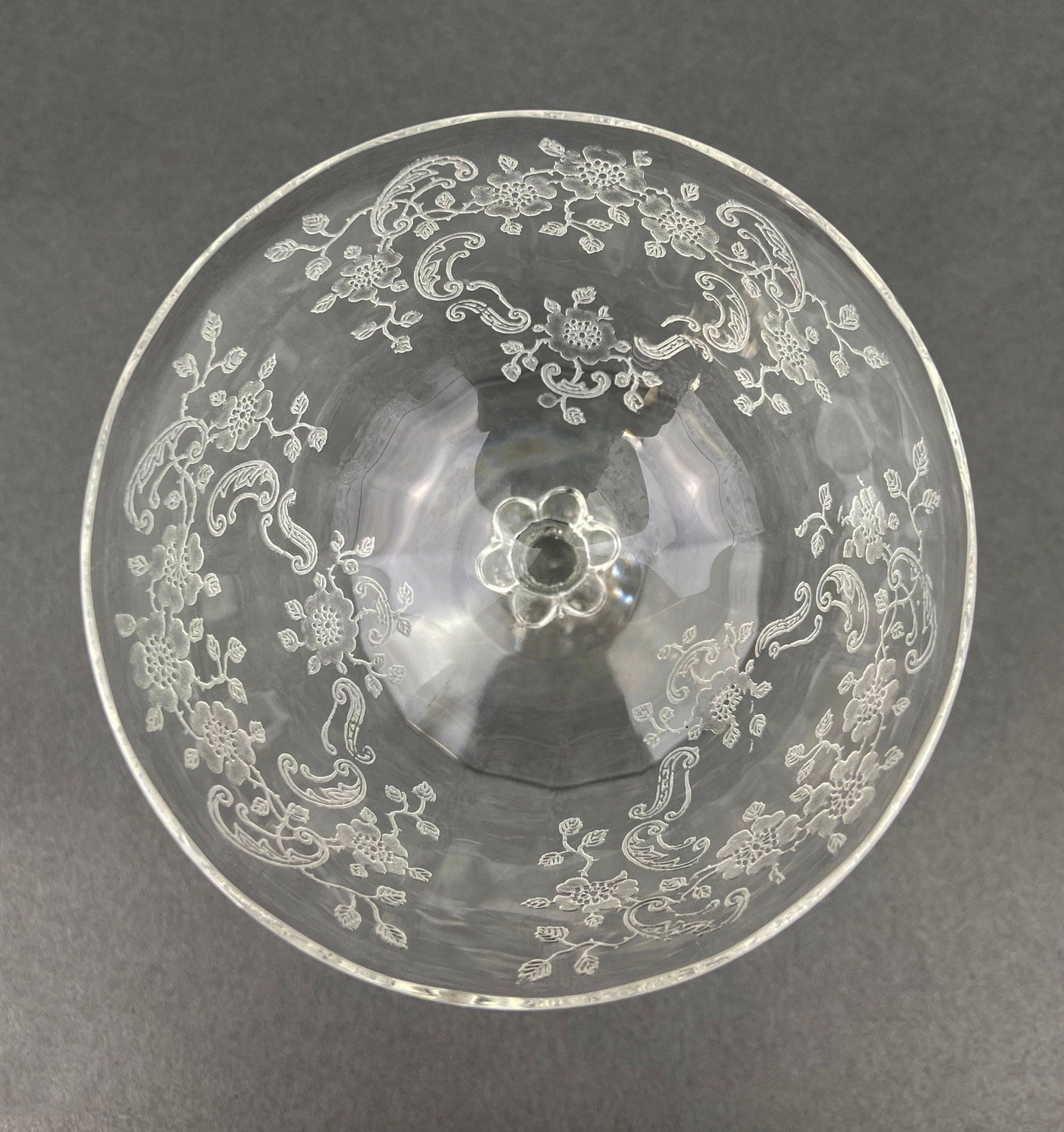Fostoria Low Sherbet Glasses.  Etched Meadow Rose Motif.  Set of Ten Vintage Wine or Dessert Glasses.