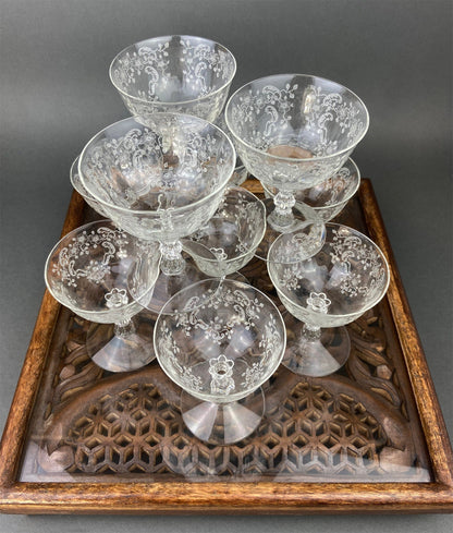 Fostoria Low Sherbet Glasses.  Etched Meadow Rose Motif.  Set of Ten Vintage Wine or Dessert Glasses.