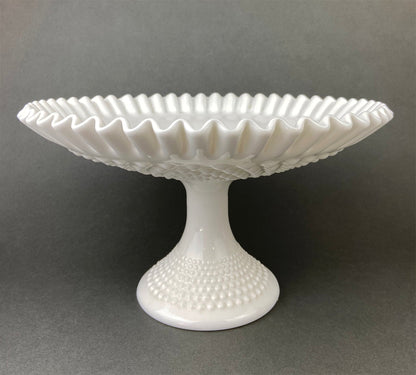 Milk Glass Hobnail Footed Bowl, Ruffled Edge Serving Dish