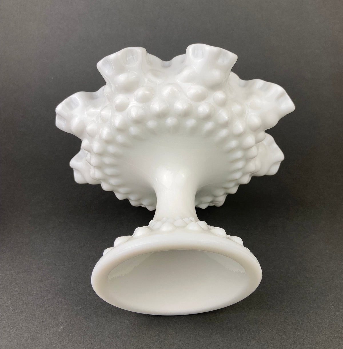 Milk Glass Candy Dish with Ruffled Edge. Vintage, Hobnail Trinket Dish. White Footed Bowl. Fine Tableware.