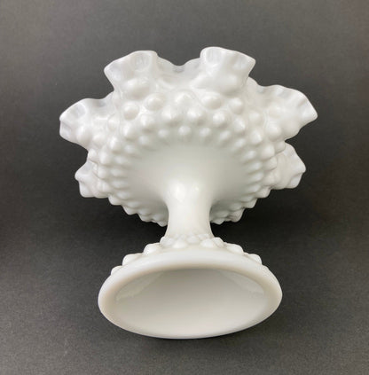 Vintage Fenton Milk Glass Candy Dish, Hobnail Ruffled Trinket Bowl
