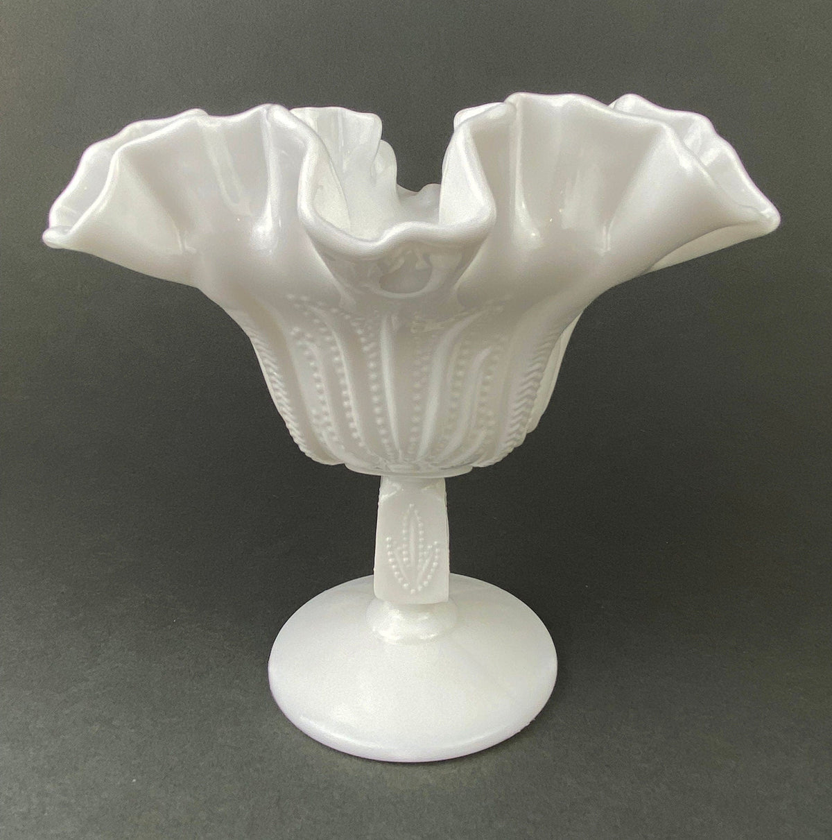 Vintage Fenton Milk Glass Candy Dish, Hobnail Ruffled Trinket Bowl